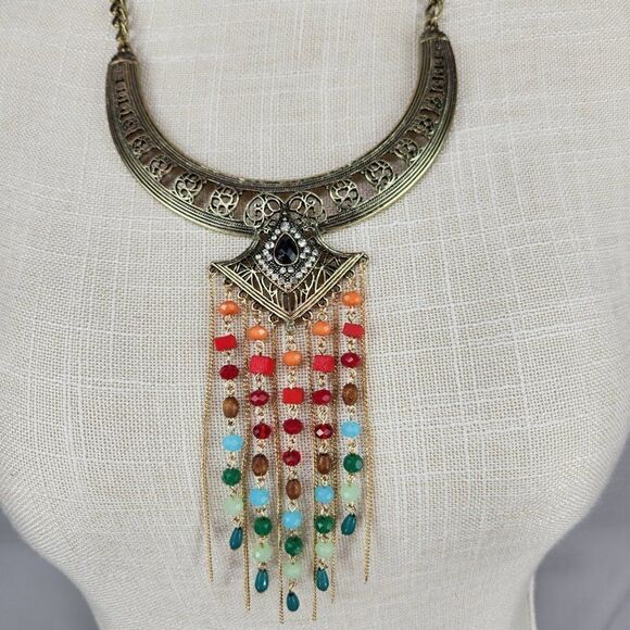 Women’s Bib Statement Collar Necklace Black & Crystal W/ Multi Color Dangle Bead - Picture 2 of 4